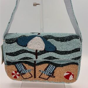 Sol and Mer Beaded Beach Scene Shoulder Bag - Blue and Cream